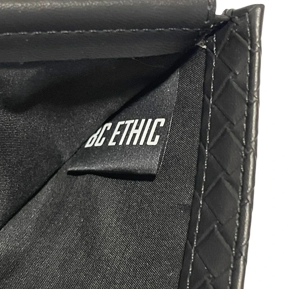 BC Ethic‎ Mens Bifold Wallet Black Faux Leather ID Window Logo Patch NWOT